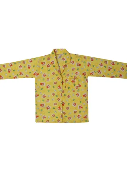 The front view of a yellow printed pajama shirt for kids, laid flat on a white background for a clean e-commerce look.