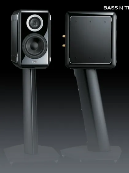 The TAD ME1 on its dedicated stand. This speaker uses a unique bidirectional slot port to deliver surprisingly deep and controlled bass for its size.