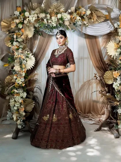 A majestic full-length portrait of the bride. The deep maroon lehenga and the grand floral arch in the background create a picture-perfect scene of bridal elegance.