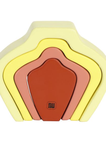 A wooden shell arch stacker toy, assembled to show its unique shape.