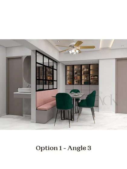 The dining area concept for 'Option 1,' featuring a bench seating arrangement with pink upholstery and a glass partition. This design maximizes seating in a compact space.