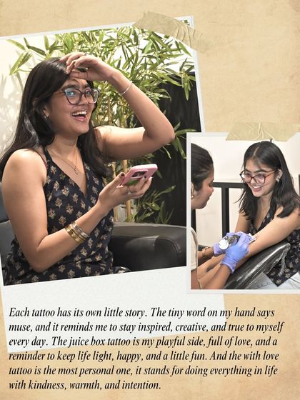 "Each tattoo has its own little story." Shenil explains the meaning behind her three new tattoos: a word for inspiration, a juice box for her playful side, and a "with love" tattoo for kindness.