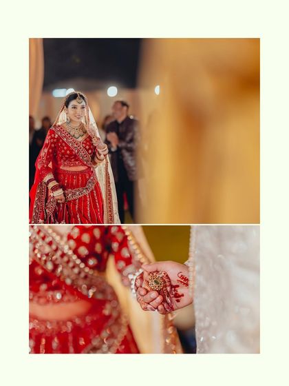 A diptych focusing on the bride's entry and a close-up of her hand, adorned with henna, as she holds her groom's, symbolizing their union.