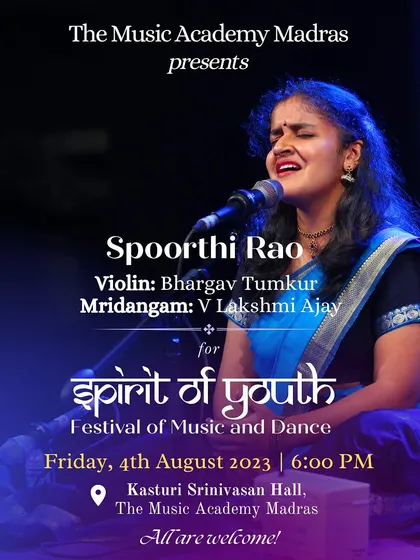 The poster for my performance at the Madras Music Academy's 'Spirit of Youth' Festival, a prestigious platform for young artists.
