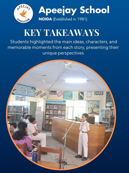 During our story narration session, students highlight key takeaways from their chosen books. This participant is sharing his unique perspective on the characters and memorable moments from a Ruskin Bond story.