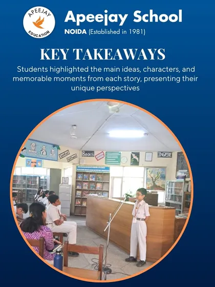 During our story narration session, students highlight key takeaways from their chosen books. This participant is sharing his unique perspective on the characters and memorable moments from a Ruskin Bond story.