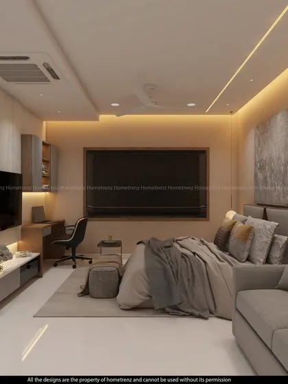 This guest bedroom features a large bed, a comfortable sofa, and a dedicated workspace, making it a fully functional suite for visitors.