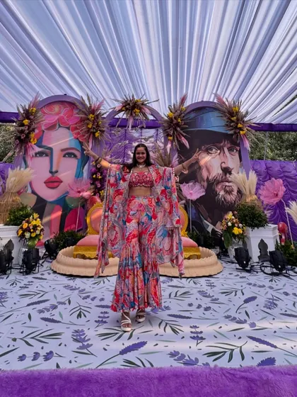 Flaunting my colorful carnival look against the quirky and artistic backdrop of the Haldi event.