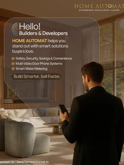 We help builders and developers integrate the smart features that buyers demand, including multi-video door phones and smart water metering. A resident is shown here effortlessly managing their home environment from a smartphone.
