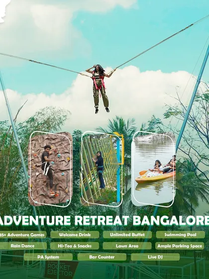 Welcome to our Adventure Retreat in Bangalore, the ultimate playground for corporate teams. Here, you can conquer the Rocket Ejector, master wall climbing, and paddle through serene waters, all in one day.
