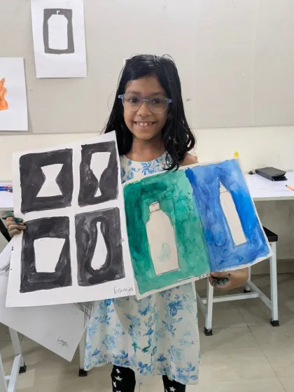 Exploring positive and negative space. A student from our junior batch shows her exercises in shape and form, a fundamental concept in art and design.