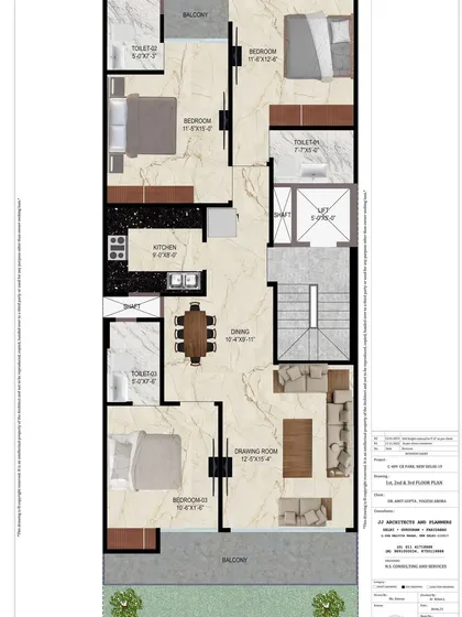 A 3BHK furniture layout plan for a 160 sq. yard builder floor in CR Park. This colored plan helps clients visualize how their furniture will fit and how the space will flow.