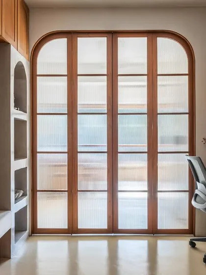 This is a look at a multifunctional nutrition clinic I designed. The goal was to create a space that feels calm and nourishing, using arched fluted glass partitions, warm oak cabinetry, and a soft, natural color palette.