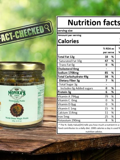 Here are the detailed nutrition facts for my Methi Dana Magic Pickle. It's a low-sugar, high-fibre option that is both healthy and flavourful.