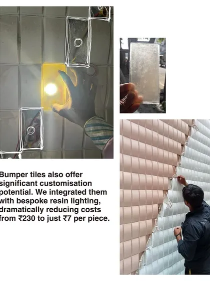 A detail of the bumper tile wall, showing how we integrated them with bespoke resin lighting, dramatically reducing costs while achieving a high-end look.