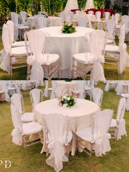 A collage of the fairytale round-table setup, showing the clear chairs and simple floral centerpieces that create a light and dreamy atmosphere.