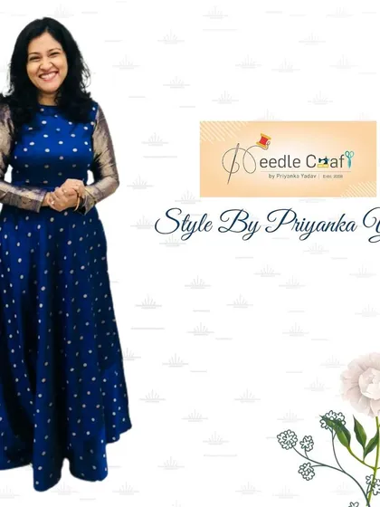 A simple satin silk saree can become an elegant evening gown. I designed this royal blue gown with contrasting brocade sleeves, using the full length of the saree to create a beautiful, flowing silhouette for my client.