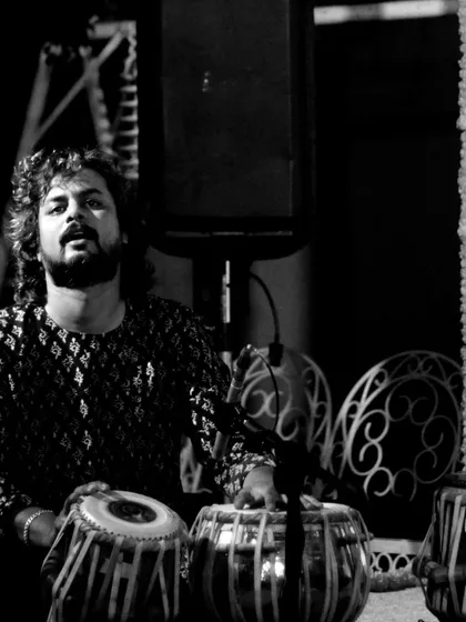 A black and white shot of me playing at the Courtyard.