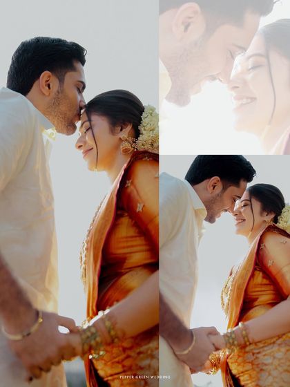 A dreamy, light-filled collage of the couple, capturing their tender moments and romantic connection.