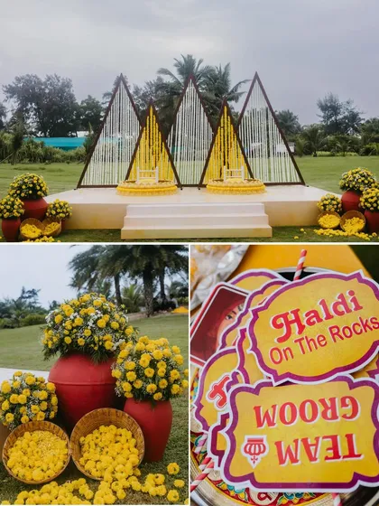 A collage showcasing the vibrant yellow decor of a Haldi ceremony, from the main stage to fun props like "Team Groom" signs.
