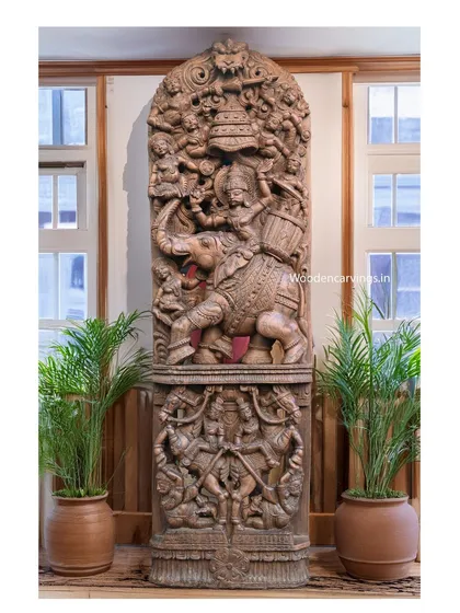 This stunning 83-inch wall mount depicts Raj Bhavani on an elephant, a symbol of royal grace and power. The two-tiered composition, featuring horses and attendants below, creates a dynamic narrative piece that brings a sense of grandeur to any interior.