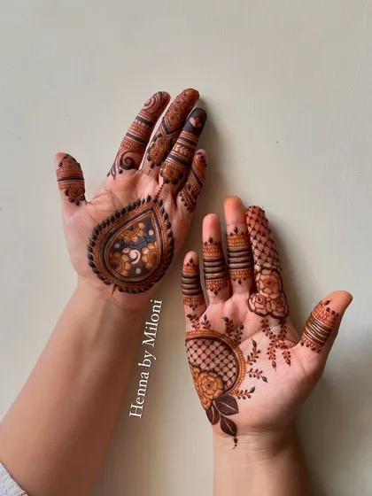 A little mehendi for myself. This design is a modern take on traditional motifs, with a paisley on one hand and a floral pattern on the other.