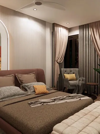 This guest bedroom design features a stunning piece of abstract art as a backlit headboard within an arch, creating a unique and artistic focal point.