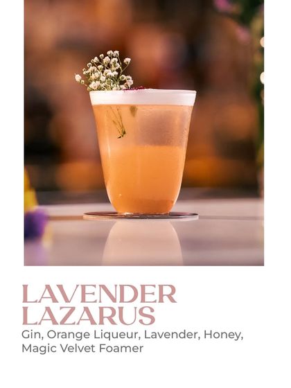 The Lavender Lazarus is a magical creation. It features gin, orange liqueur, lavender, and honey, all topped with a magic velvet foamer. It's an intoxicating and enchanting drink from my floral cocktail collection.