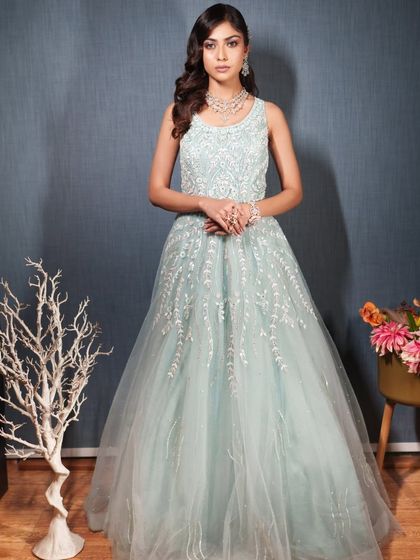 A full front view of the stunning powder blue reception gown.