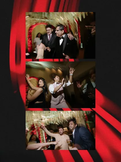 A collage of blurry, high-energy dance floor moments from a reception. The motion blur and vibrant colors perfectly capture the wild, fun atmosphere of the party.