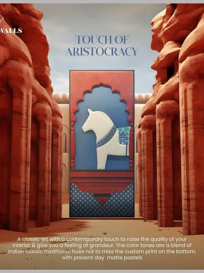 The love for traditional art never fades. This 'Touch of Aristocracy' panel blends classic Indian art with a contemporary touch, using a mix of traditional hues and matte pastels to give a feeling of grandeur.