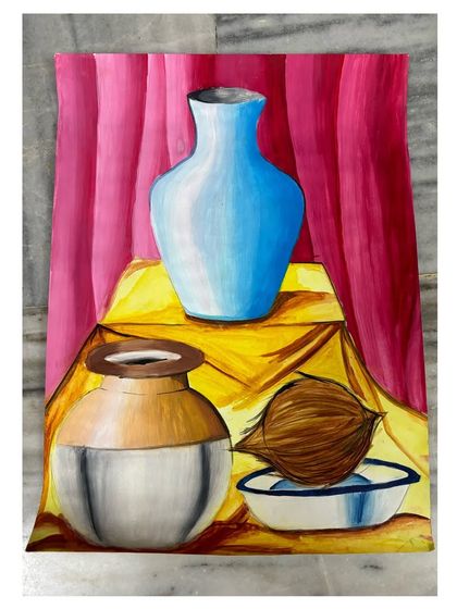A full view of the still life painting, highlighting the student's excellent use of poster colours to create realistic textures and lighting.