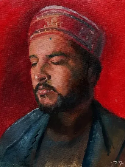 I titled this oil painting 'KUN FAYA KUN' to express a moment of spiritual connection. It represents that quiet conversation with oneself during prayer, a search for peace and self-improvement that fills the soul with a positive light.