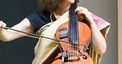 A close-up of Saskia playing her Indian Cello. This unique instrument, which she developed, is perfectly suited for the nuances of Indian classical music and is the other voice in our duet.