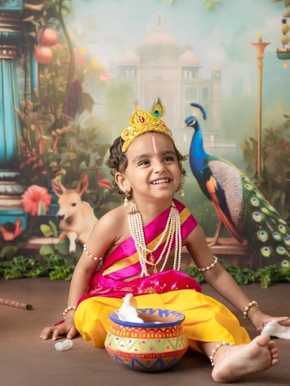 The playful innocence of a child dressed as Lord Krishna, captured in various poses from joyful laughter to thoughtful gazes.