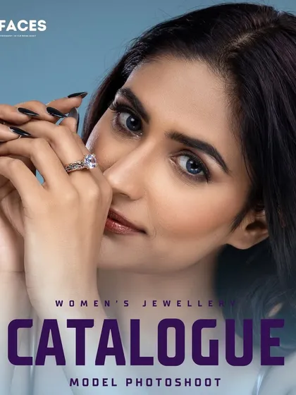 A captivating shot of a model showcasing a modern diamond ring. The focus on her eyes and hand creates a powerful connection with the viewer, ideal for an ad campaign.