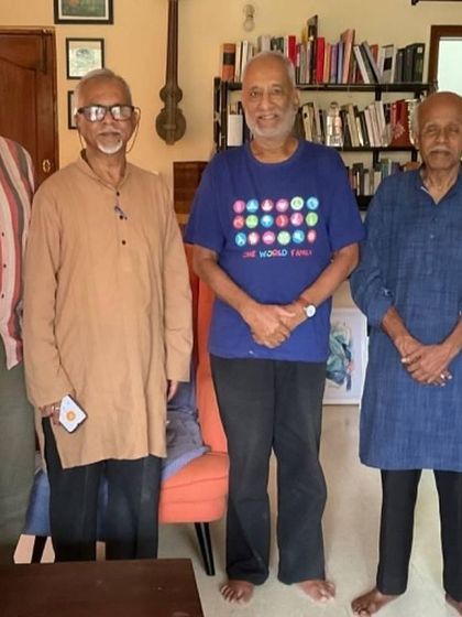 A group photo with the senior artists from Studio Kalavistaara who visited my home. I was so touched when each of them gifted me one of their paintings after my presentation.