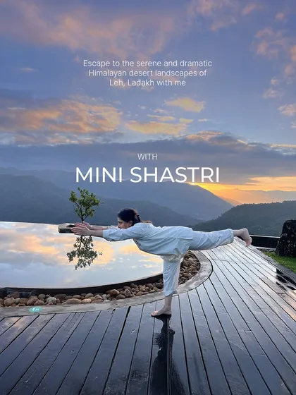 Here I am in a Virabhadrasana III (Warrior III) pose, overlooking a serene mountain landscape at sunset. My retreats are held in stunning locations like this to help you escape the everyday and reconnect with your practice.