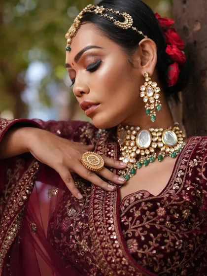 A detailed shot focusing on the jewelry and the soft, blended eye makeup.