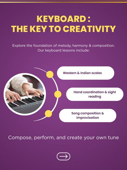 The keyboard is the key to creativity. Our lessons cover both Western and Indian scales, hand coordination, sight-reading, and song composition, empowering you to compose, perform, and create your own tunes.