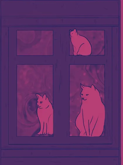 A monochrome version of my cat illustration, using shades of pink and purple. This color scheme gives the piece a moody, mysterious, and magical atmosphere.