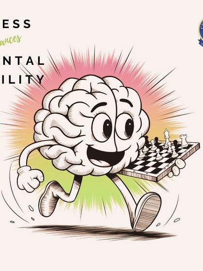 Chess enhances mental agility. A cartoon brain is shown running with a chessboard, a fun depiction of how the game keeps the mind quick and sharp.