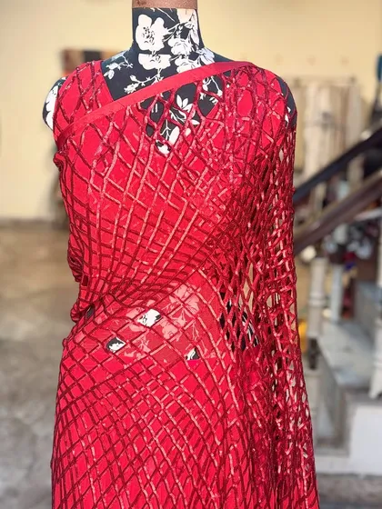 This saree just screams confidence and glamour. The unique net-like texture with mirror work makes the 'LAALPARI' a modern masterpiece for any party.
