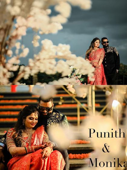 A dreamy pre-wedding collage, combining a wide shot under a blossom tree with a tender close-up.