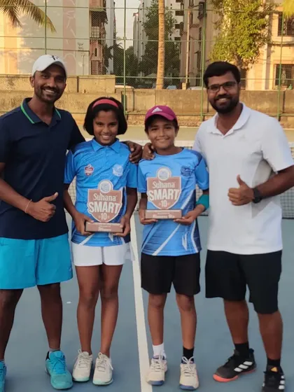Our U-10 Masters champions, Tamanna Nair (winner) and Aarav Chhallani (runner-up), with their coaches after the event in Pune.