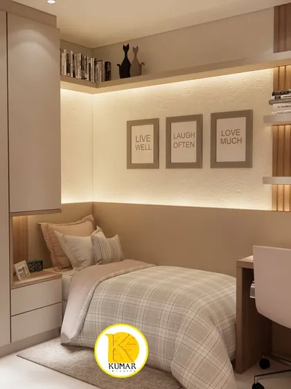 A cozy bedroom with a plaid bedspread and motivational wall art. The design includes a built-in desk and shelving, making it a perfect space for a young student.
