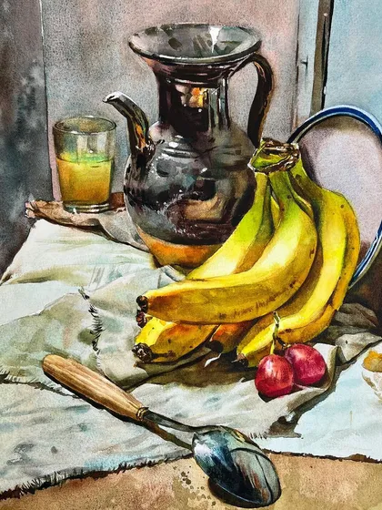 A still life of bananas and plums, used as an example for my complete watercolor course. It demonstrates how to paint different fruit textures.