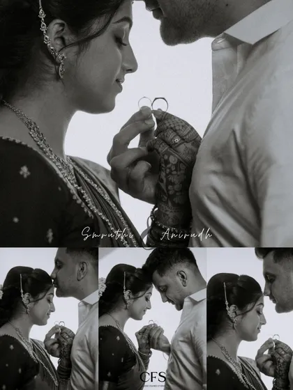 A black and white collage focusing on intimacy. From a forehead kiss to holding their rings, each frame tells a piece of their love story.