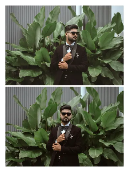 The groom looking dapper against a backdrop of lush green leaves, showcasing his sharp wedding attire and confident pose.