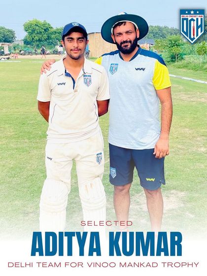 Congratulations to Aditya Kumar on his selection for the Delhi Team in the Vinoo Mankad Trophy. This is a huge step in his career and a proud moment for the academy.
